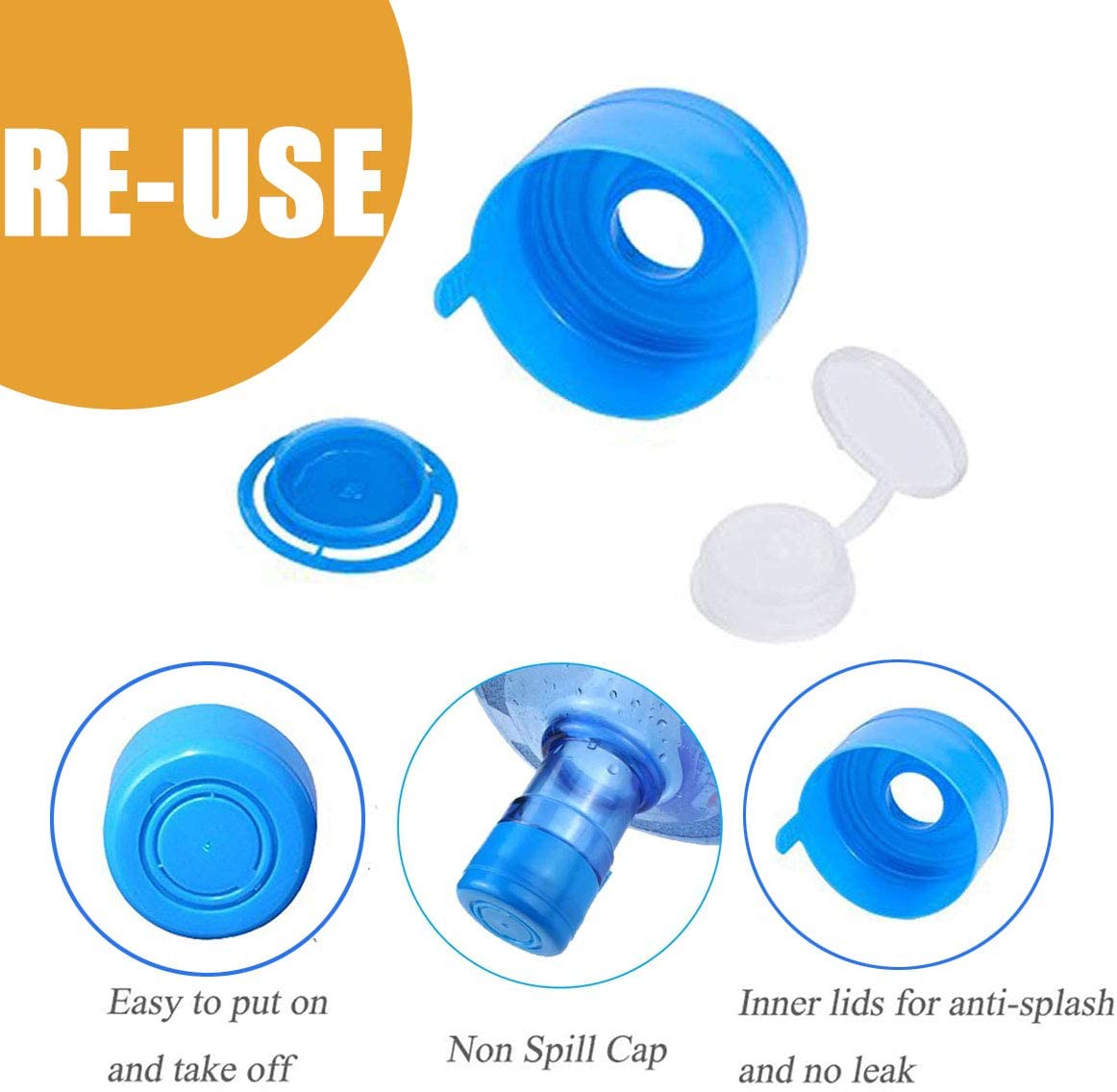 Wesdxc56 20 Pieces Non Spill Caps Anti Splash Bottle Caps Reusable for 55mm 3 and 5 Gallon Water Jugs with 2 Pieces Water Bottle Handle（Random Color）
